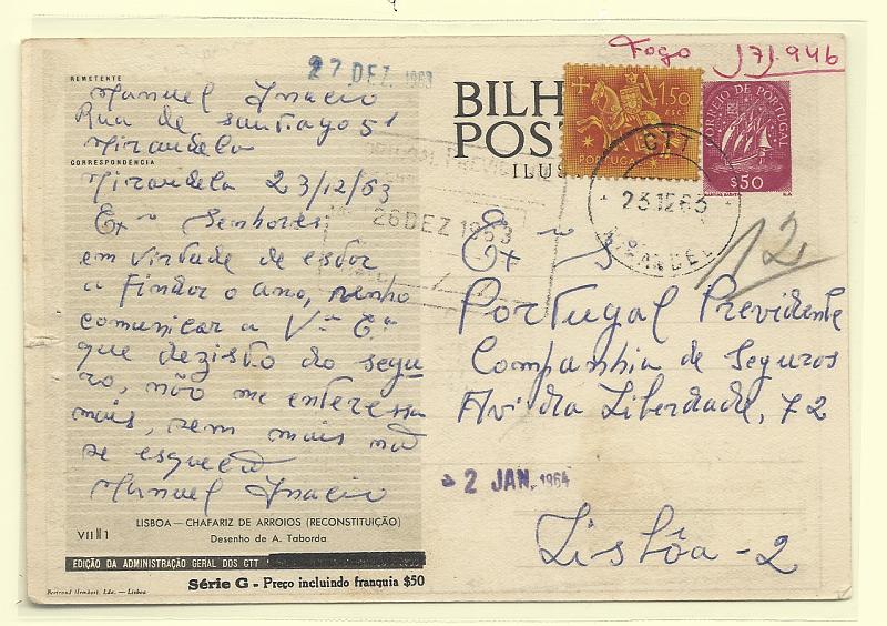 0455.jpg -     Lote:    455            Portugal       Descrição:         1953 &mdash; Série G. Selo tipo Caravela. Ilustrados no verso. OM 124, $50 Lilás-rosa (VII M1 &mdash; Lisboa &mdash; Chafariz de Arroios). Circulado registado de Mirandela (23.12.63) para Lisboa com selo adicional tipo Cavaleiro Medieval . MB e MR.         IC       Valor Base:     &euro; 15,00     Valor Venda:     &euro;      