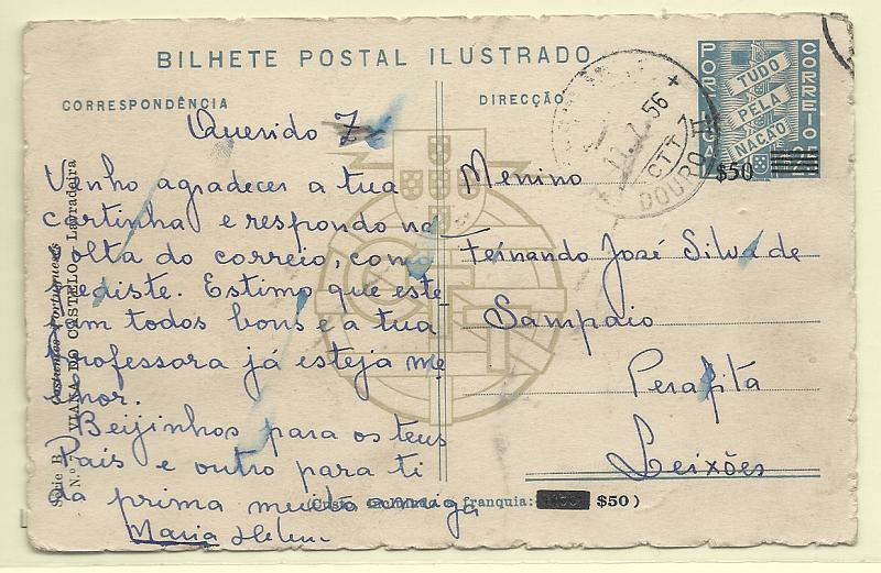 0456.jpg -     Lote:    456            Portugal       Descrição:         1953 &mdash; Costumes Portugueses. Selo Tudo pela Nação, com sobretaxa. CE126 (n.º 7 &mdash; Viana do castelo * Lavradeira), $50 s/ $25 azul. Circulado pela Ambulância Douro II (11.07.56) para Lisboa.         IC       Valor Base:     &euro; 10,00     Valor Venda:     &euro;      
