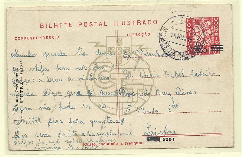 0457.jpg -     Lote:    457            Portugal       Descrição:         1953 &mdash; Costumes Portugueses. Selo Tudo pela Nação, com sobretaxa. CE127 (n.º 29 &mdash; Sintra * Saloia), $50 s/ 1$00 carmim. Circulado de Monte da Caparica (15.11.54) para Lisboa.         IC       Valor Base:     &euro; 12,00     Valor Venda:     &euro;      