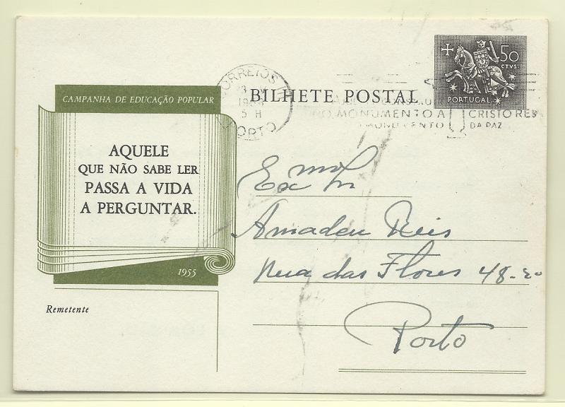0458.jpg -     Lote:    458            Portugal       Descrição:         1955 &mdash; Campanha de Educação Popular. Selo tipo Cavaleiro Medieval. OM131a. Circulado no Porto (23.05.56). Repicado no verso pela "COMISSÃO DOS BRACARENSES RESIDENTES NO PORTO".         IC       Valor Base:     &euro; 6,00     Valor Venda:     &euro;      