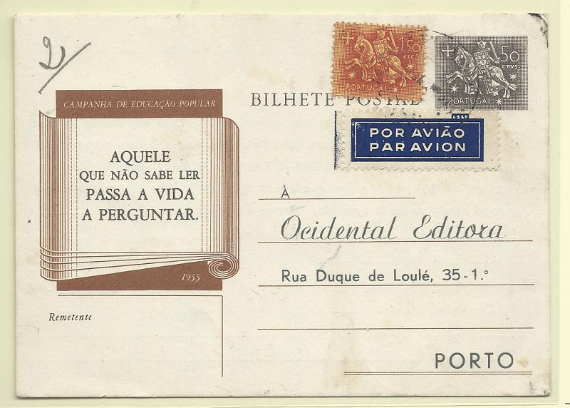 0459.jpg -     Lote:    459            Portugal       Descrição:         1955/56 &mdash; Campanha de Educação Nacional. Selo tipo Cavaleiro Medieval. OM131A, 50C preto e cinzento. Circulado internamente por via aérea com selo adicional de 1$50 Cavaleiro Medieval. Repicado pela "OCIDENTAL EDITORA".         IC       Valor Base:     &euro; 8,00     Valor Venda:     &euro;      