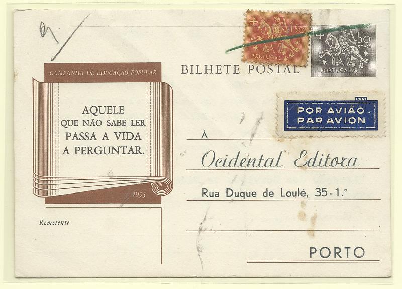 0462.jpg -     Lote:    462            Portugal       Descrição:         1955/56 &mdash; Campanha de Educação Popular. Selo tipo Cavaleiro Medieval. OM131A, 50C preto e cinzento. Circulado por via aérea de Luanda (19.04.56) para o Porto com selo adicional de 1$50 obliterados a lápis. Repicado por: OCIDENTAL EDITORA.         IC       Valor Base:     &euro; 10,00     Valor Venda:     &euro;      