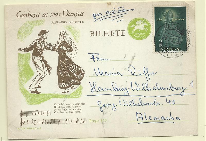 0465.jpg -     Lote:    465            Portugal       Descrição:         1963 &mdash; Postilhão sem taxa. CONHEÇA AS SUAS DANÇAS. OM140 (n.º 8 &mdash; Fandango de Troporiz), ($50) verde. Circulado por via aérea do Porto (28.09.58) para a Alemanha com selo adicional de 2$00 CE836.         IC       Valor Base:     &euro; 8,00     Valor Venda:     &euro;      