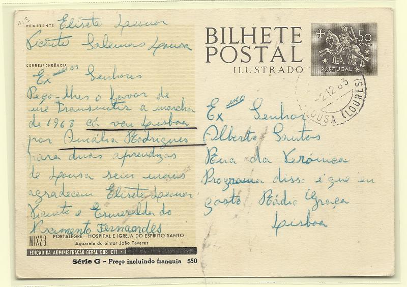 0466.jpg -     Lote:    466            Portugal       Descrição:         1958 &mdash; Série G. Selo tipo Cavaleiro Medieval. Ilustrações de Portalegre. OM142, $50. MIX23 &mdash; Hospital e Igreja do Espírito Santo. Circulado de Lousa (Loures (02.12.63) para Lisboa.         IC       Valor Base:     &euro; 30,00     Valor Venda:     &euro;      
