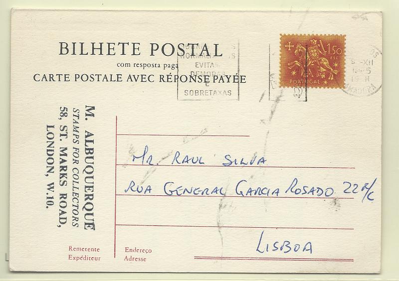0467.jpg -     Lote:    467            Portugal       Descrição:         1962 &mdash; Cavaleiro Medieval. OM149, 1$50+1$50 lilás-rosa s/ amarelo. Circulado em Lisboa (09.12.65). R.         IC       Valor Base:     &euro; 15,00     Valor Venda:     &euro;      