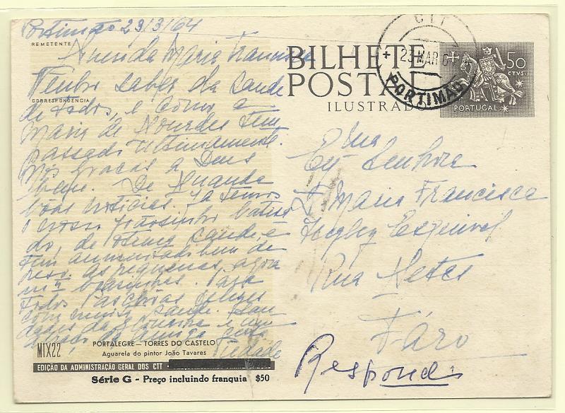 0469.jpg -     Lote:    469            Portugal       Descrição:         1953 &mdash; Série G. Selo tipo Cavaleiro Medieval, com sobretaxa. Ilustrados no verso com aspectos de Portalegre. OM154 MIX22 &mdash; Torres do Castelo, ($50) s/ $50. Circulado de Portimão (23.03.64) para Faro.         IC       Valor Base:     &euro; 8,00     Valor Venda:     &euro;      