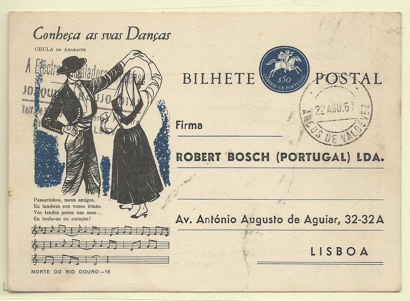 0471.jpg -     Lote:    471            Portugal       Descrição:         1963 &mdash; Postilhão com taxa. CONHEÇA AS SUAS DANÇAS. OM155 (n.º 18 &mdash; Chula de Amarante), $50 azul. Circulado de Arcos de Valdevez (22.08.67) para Lisboa. Repicado por "ROBERT BOSCH (PORTUGAL) LDA".         IC       Valor Base:     &euro; 8,00     Valor Venda:     &euro;      