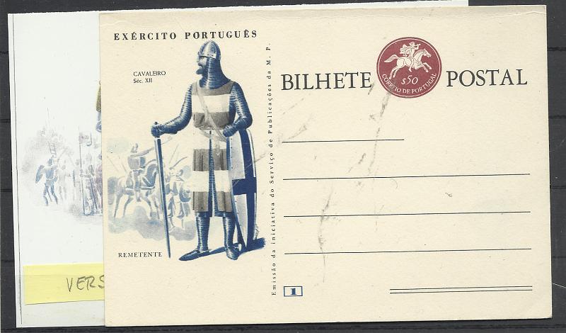 0472.jpg -     Lote:    472            Portugal       Descrição:         1964 &mdash; Selo tipo Postilhão. Série Fardamentos do Exército Português. OM158, $50 castanho-lilás escuro. N.º 1 &mdash; Cavaleiro / Séc. XII. Inteiro postal novo com impressão no verso da gravura do inteiro n.º 6 &mdash; Guerreiro de Arzila / Séc. XV, e com falta de impressão de algumas cores. MB e MR.         IN       Valor Base:     &euro; 30,00     Valor Venda:     &euro;      