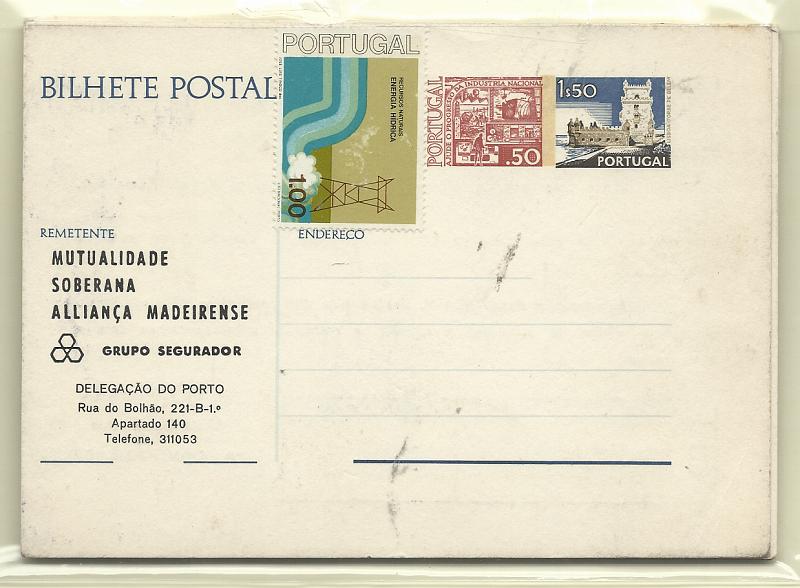 0474.jpg -     Lote:    474            Portugal       Descrição:         1974/1978 &mdash; Paisagens e Monumentos e Instrumentos do Trabalho. Lote com 9 inteiros de diversas taxas, repicados por: MUTUALIDADE SOBERANA ALLIANÇA MADEIRENSE, BETOPAL, COMPANHIA SEGUROS BONANÇA; MANUEL FERREIRA CASALOFICINAS GERAIS DE FARDAMENTO E EQUIPAMENTO; POSTO CLÍNICO 126009; CARLOS A. DAVID DE BRITO e SINDICATO NACIONAL DOS COBRADORES.         IC       Valor Base:     &euro; 15,00     Valor Venda:     &euro;      