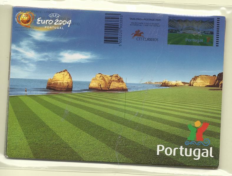0476.jpg -     Lote:    476            Portugal       Descrição:         2004 &mdash; Euro 2004. Paisagens de Portugal. Taxa Paga. Lote de seis inteiros com erros de impressão. Quatro deles com impressão na frente, do selo e legendas do verso.         IN       Valor Base:     &euro; 25,00     Valor Venda:     &euro;      
