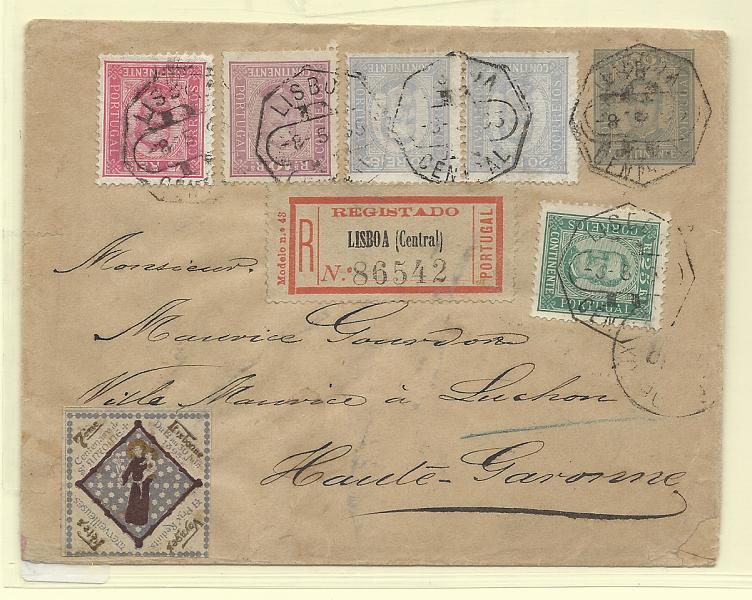 0477.jpg -     Lote:    477            Portugal       Descrição:         1893 &mdash; D. Carlos I tipo Diogo Neto. OM4, 50 reis azul-cinzento. Circulado registado de Lisboa (08.05.95) para França (10.05.95) com selos adicionais tipo D. Carlos I, Diogo Neto de 10, 2x20, 25 e 75 reis CE69, 75, 70 e 72. MB e R.         IC       Valor Base:     &euro; 150,00     Valor Venda:     &euro;      