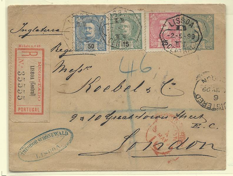 0478.jpg -     Lote:    478            Portugal       Descrição:         1896 &mdash; D. Carlos I Mouchon. Sobrescrito. OM5, 25 reis verde. Circulado registado de Lisboa (02.05.99) para Londres com selos adicionais tipo D. Carlos I Mouchon de 15, 25 e 50 reis CE140, 141 e 142.         IC       Valor Base:     &euro; 75,00     Valor Venda:     &euro;      