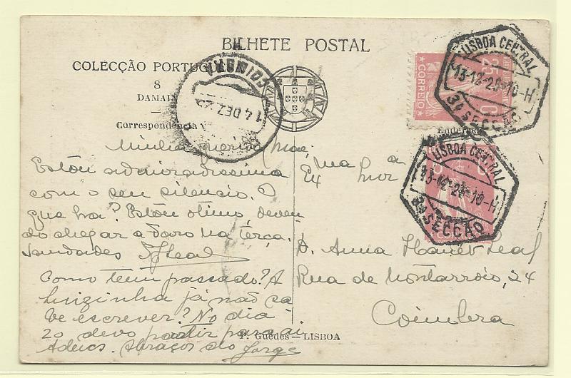 0480.jpg -     Lote:    480            Portugal       Descrição:         1921 &mdash; Ceres. Inteiros Particulares. Colecção Portuguesa. OM5 (n.º 8 &mdash; Damaia), 6C rosa escuro. Circulado de Lisboa (13.12.25) para Coimbra (14.12.25) com selo adicional tipo Ceres de 6c, rosa escuro CE236.         IC       Valor Base:     &euro; 20,00     Valor Venda:     &euro;      