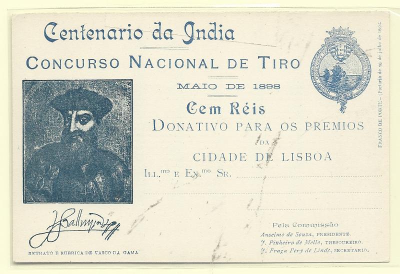 0482.jpg -     Lote:    482            Portugal       Descrição:         1898 &mdash; Emblema da Comissão Central do Centenário da Índia. Legenda Centenário da Índia / CONCURSO NACIONAL DE TIRO. OM CI4D &mdash; Azul. Retracto e Rúbrica de Vasco da Gama. Novo, muito bem conservado.         IN       Valor Base:     &euro; 70,00     Valor Venda:     &euro;      