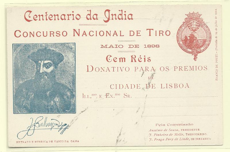 0483.jpg -     Lote:    483            Portugal       Descrição:         1898 &mdash; Emblema da Comissão Central do Centenário da Índia. Legenda Centenário da Índia / CONCURSO NACIONAL DE TIRO. OM CI8D &mdash; Vermelho. Retracto e Rúbrica de Vasco da Gama. Novo, muito bem conservado.         IN       Valor Base:     &euro; 70,00     Valor Venda:     &euro;      