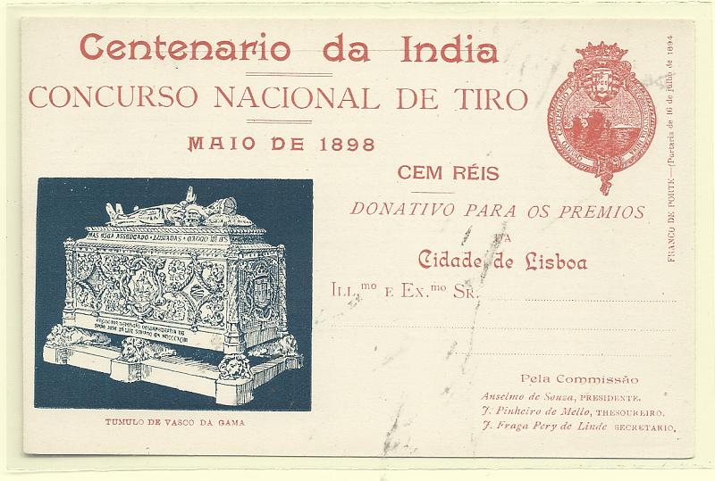 0485.jpg -     Lote:    485            Portugal       Descrição:         1898 &mdash; Emblema da Comissão Central do Centenário da Índia. Legenda Centenário da Índia / CONCURSO NACIONAL DE TIRO. OM CI8F &mdash; Vermelho. Túmulo de vasco da Gama. Novo, muito bem conservado.         IN       Valor Base:     &euro; 70,00     Valor Venda:     &euro;      