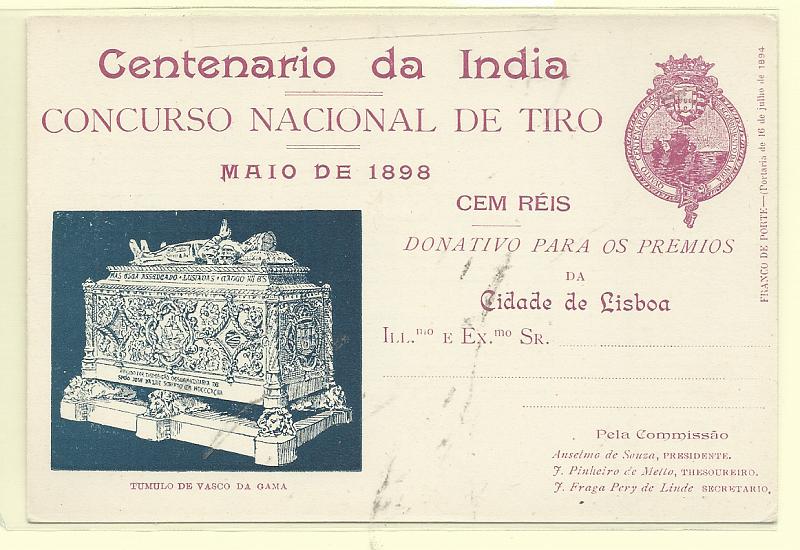 0486.jpg -     Lote:    486            Portugal       Descrição:         1898 &mdash; Emblema da Comissão Central do Centenário da Índia. Legenda Centenário da Índia / CONCURSO NACIONAL DE TIRO. OM Ci5F &mdash; lilás. Túmulo de Vasco da Gama. Novo, muito bem conservado.         IN       Valor Base:     &euro; 70,00     Valor Venda:     &euro;      
