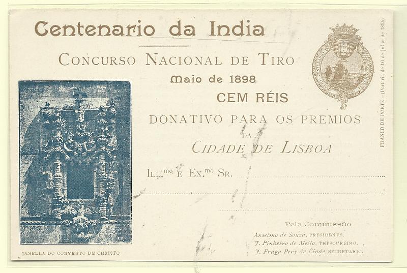 0487.jpg -     Lote:    487            Portugal       Descrição:         1898 &mdash; Emblema da Comissão Central do Centenário da Índia. Legenda Centenário da Índia / CONCURSO NACIONAL DE TIRO. OM CI7A &mdash; Castanho. Janela do Convento de Christo. Novo, muito bem conservado.         IN       Valor Base:     &euro; 70,00     Valor Venda:     &euro;      