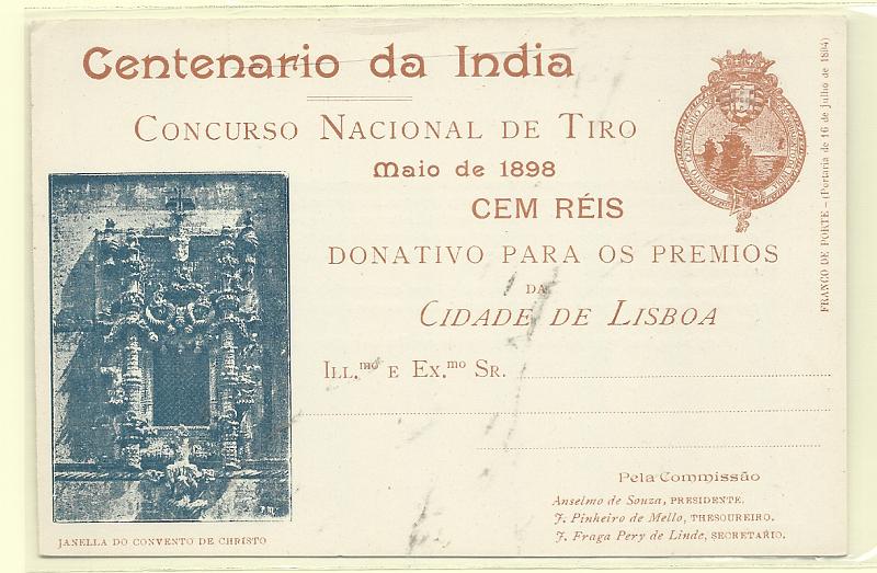 0488.jpg -     Lote:    488            Portugal       Descrição:         1898 &mdash; Emblema da Comissão Central do Centenário da Índia. Legenda Centenário da Índia / CONCURSO NACIONAL DE TIRO. OM CI9A &mdash; Amarelo-laranja. Janela do Convento de Christo. Novo, muito bem conservado.         IN       Valor Base:     &euro; 70,00     Valor Venda:     &euro;      