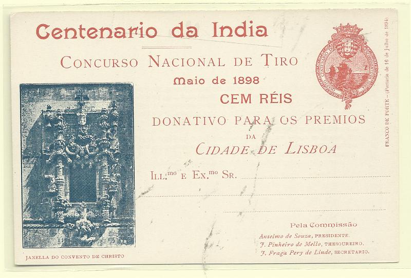 0489.jpg -     Lote:    489            Portugal       Descrição:         1898 &mdash; Emblema da Comissão Central do Centenário da Índia. Legenda Centenário da Índia / CONCURSO NACIONAL DE TIRO. OM CI8A &mdash; Vermelho. Janela do Convento de Christo. Novo, muito bem conservado.         IN       Valor Base:     &euro; 70,00     Valor Venda:     &euro;      