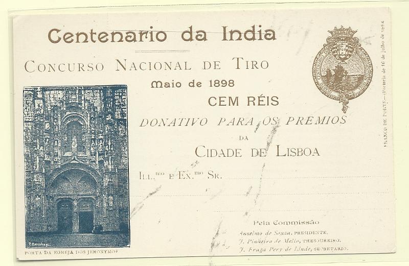 0490.jpg -     Lote:    490            Portugal       Descrição:         1898 &mdash; Emblema da Comissão Central do Centenário da Índia. Legenda Centenário da Índia / CONCURSO NACIONAL DE TIRO. OM CI7B &mdash; Castanho. Porta da Egreja dos Jeronymos. Novo, muito bem conservado.         IN       Valor Base:     &euro; 70,00     Valor Venda:     &euro;      
