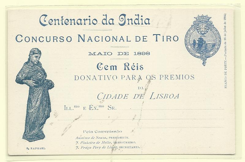 0493.jpg -     Lote:    493            Portugal       Descrição:         1898 &mdash; Emblema da Comissão Central do Centenário da Índia. Legenda Centenário da Índia / CONCURSO NACIONAL DE TIRO. OM CI4E &mdash; Azul. S. Raphael. Novo, muito bem conservado.         IN       Valor Base:     &euro; 70,00     Valor Venda:     &euro;      