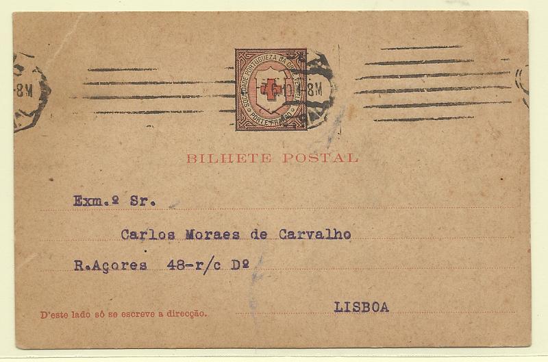 0494.jpg -     Lote:    494            Portugal       Descrição:         1908 &mdash; Cruz Vermelha Portuguesa. Bilhetes-postais isentos de franquia. OM CV1, preto e vermelho sobre cartolina camurça. Circulado em Lisboa (07.06.19). Repicado no verso pela 2SOCIEDADE PORTUGUESA DA CRUZ VERMELHA".         IC       Valor Base:     &euro; 15,00     Valor Venda:     &euro;      