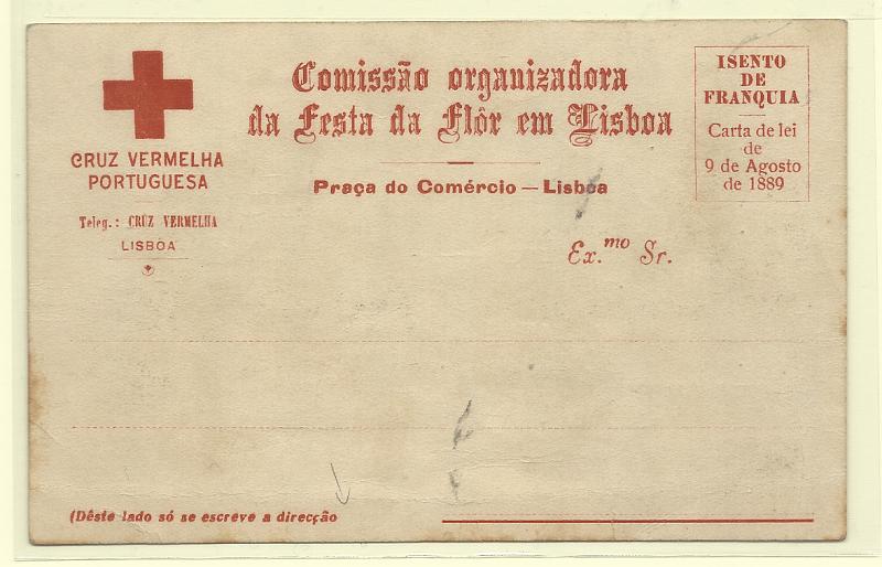 0495.jpg -     Lote:    495            Portugal       Descrição:         1930 &mdash; Comissão Organizadora da Festa da Flor em Lisboa * Cruz Vermelha Portuguesa. Isentos de Franquia ao abrigo da Carta de Lei de 09.08.1889. Não catalogado por Oliveira Marques. Novo.         IN       Valor Base:     &euro; 50,00     Valor Venda:     &euro;      