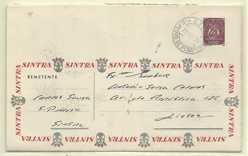 0504.jpg -     Lote:    504            Portugal       Descrição:         1955/57 &mdash; Carta Universal. Com selo tipo Caravela. OM4, 1$00 violeta-vermelho, SÉRIE B2. Circulada de S. Pedro de Penaferim (22.10.56) para Lisboa.         IC       Valor Base:     &euro; 25,00     Valor Venda:     &euro;      