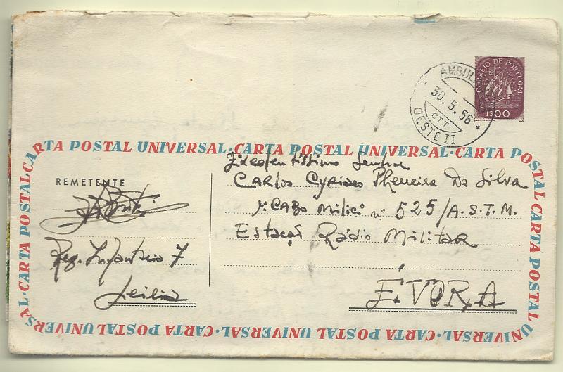0505.jpg -     Lote:    505            Portugal       Descrição:         1955/57 &mdash; Carta Universal. Selo tipo Caravela. OM4, 1$00 violeta-vermelho. Série A11 (Março de 1956. Circulada de Leiria pela Ambulância Oeste II (30.05.56) para Évora. MB e R.         IC       Valor Base:     &euro; 30,00     Valor Venda:     &euro;      