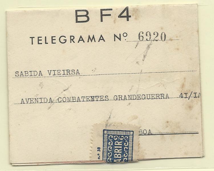 0509.jpg -     Lote:    509            Portugal       Descrição:         1936 &mdash; Boas-Festas. Serviço Telegráfico. Telegrama de boas Festas BF4 usado apenas no serviço telegráfico. Referenciado por OM apenas neste serviço.         IC       Valor Base:     &euro; 8,00     Valor Venda:     &euro;      