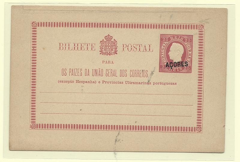 0510.jpg -     Lote:    510            Açores       Descrição:         1878/79 &mdash; D. Luís I, fita direita. Impressão em relevo. Inteiros do Continente com sobrecarga "AÇORES". OM2a, 25 reis carmim escuro. Erro "s" invertido em "Hespanha".         IN       Valor Base:     &euro; 16,00     Valor Venda:     &euro;      