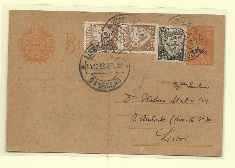 0514.jpg -     Lote:    514            Açores       Descrição:         1918/20 &mdash; Ceres, com sobrecarga AÇORES. OM42, 2C ocre sobre cartolina camurça, circulado de Ponta Delgada (08.12.33) para Lisboa (11.12.33), com selos adicionais tipo Lusíadas de 4c (2) CE513 e 15c CE517. Deveria ter sido porteado porque este inteiro já estava fora de circulação.         IC       Valor Base:     &euro; 10,00     Valor Venda:     &euro;      