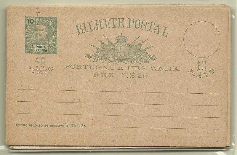 0520.jpg -     Lote:    520            Ponta Delgada       Descrição:         1897/1904 &mdash; D. Carlos I tipo Mouchon. OM 7/18. Todas as emissões completas + dois inteiros repetidos com tonalidades de cartolina. Bem conservados.         IN       Valor Base:     &euro; 15,00     Valor Venda:     &euro;      