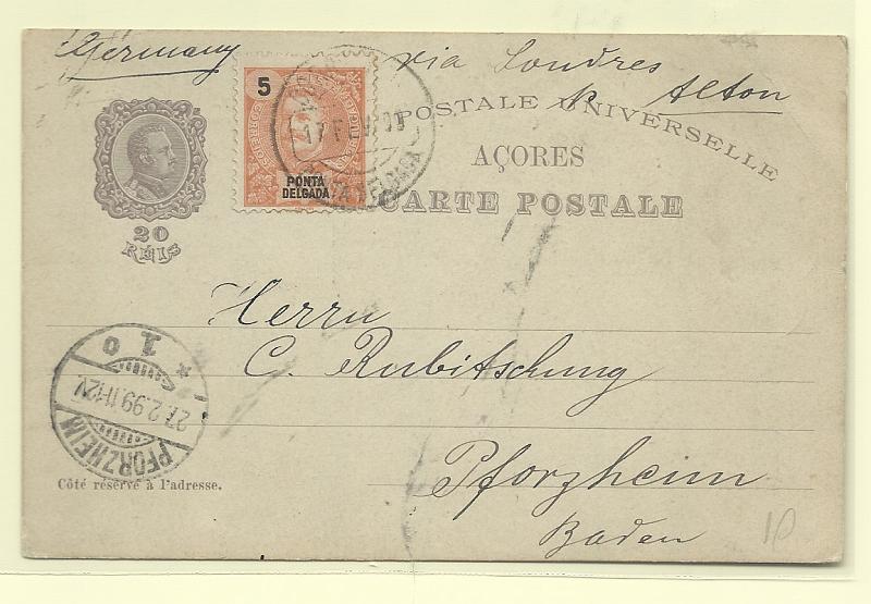 0521.jpg -     Lote:    521            Ponta Delgada       Descrição:         1898 &mdash; 4.º Centenário do Descobrimento do Caminho Marítimo para a Índia. OM21A, 20 reis circulado com selo adicional de 5 reis tipo Mouchon, de ponta Delgada (17.02.99) para a Alemanha (27.02.99).         IC       Valor Base:     &euro; 10,00     Valor Venda:     &euro;      
