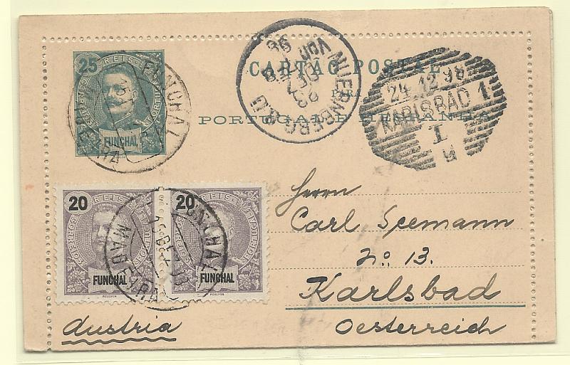 0527.jpg -     Lote:    527            Funchal       Descrição:         1893/95 &mdash; D. Carlos I Mouchon. Bilhetes-Carta. OM1, 25 reis verde. Circulado do Funchal (15.12.98) para Karlsbad * Alemanha (24.12.98) com selos adicionais de 20 reis (par) CE17. MB.         IC       Valor Base:     &euro; 50,00     Valor Venda:     &euro;      