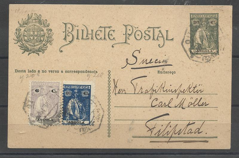 0529.jpg -     Lote:    529            Angola       Descrição:         1926 &mdash; Ceres. OM19, 30C verde. Circulado do Lobito (13.06.28) para a Suécia com selos adicionais tipo Ceres de 6c e 60c CE203 e 208, perfazendo o porte de 96c.         IC       Valor Base:     &euro; 20,00     Valor Venda:     &euro;      
