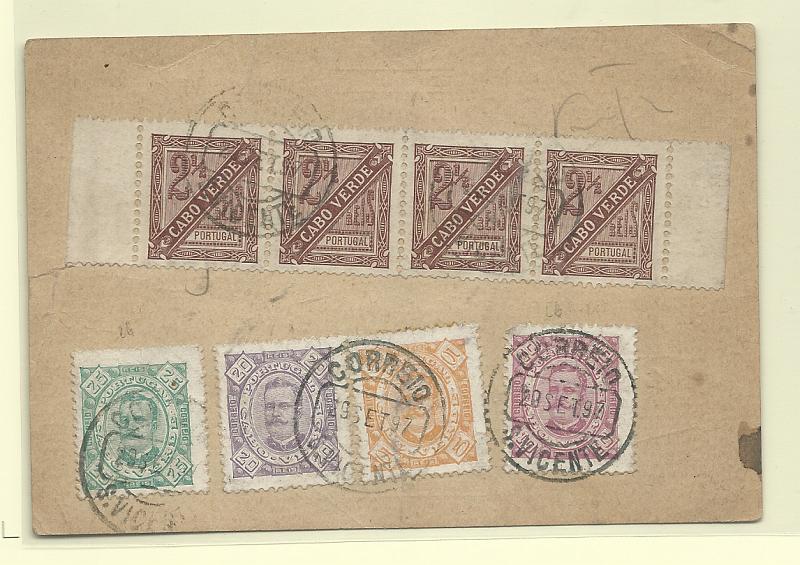 0530.jpg -     Lote:    530            Cabo Verde       Descrição:         1885 &mdash; D. Luís I. CE2, 20 reis rosa. Circulado de S. Vicente (29.09.97) para Coblenz (09.10.97) com selos adicionais no verso tipo D. Carlos I Diogo Neto: tira de 4 selos de 2 &frac12; reis + 5 reis + 10 reis + 20 reis + 25 reis CE24/29.         IC       Valor Base:     &euro; 20,00     Valor Venda:     &euro;      