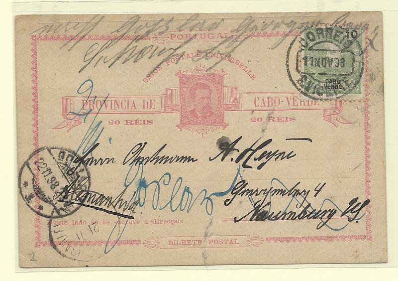 0531.jpg -     Lote:    531            Cabo Verde       Descrição:         1885 &mdash; D. Luís I. OM2, 20 reis rosa claro, cartolina camurça, circulado de S. Vicente (11.11.98) para a Alemanha (22.11.98), com selo adicional de 10 reis verde D. Carlos I Mouchon. MB         IC       Valor Base:     &euro; 40,00     Valor Venda:     &euro;      