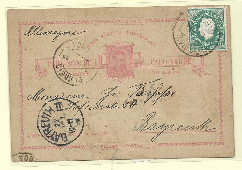 0533.jpg -     Lote:    533            Cabo Verde       Descrição:         1885 &mdash; D. Luís I. OM2, 20 reis rosa. Circulado de S. Vicente (02.10.92) para a Alemanha (22.10.92) com trânsito por Lisboa (16.10.92) com selo adicional de 10 reis tipo D. Luís I.         IC       Valor Base:     &euro; 70,00     Valor Venda:     &euro;      