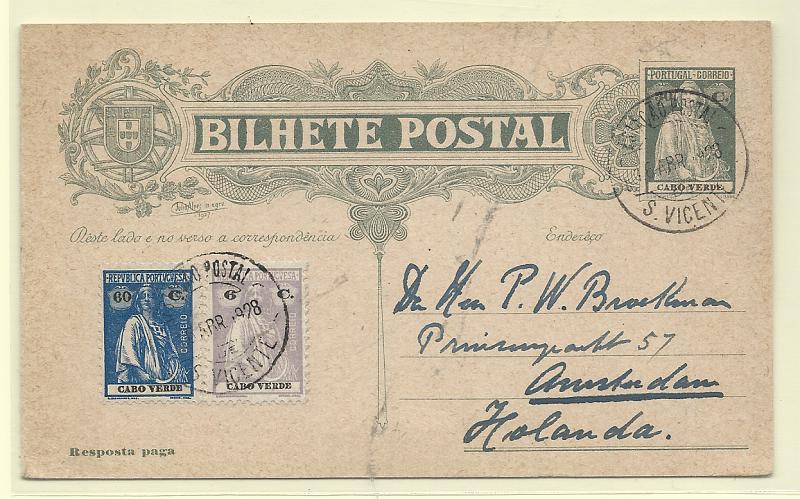 0539.jpg -     Lote:    539            Cabo Verde       Descrição:         1928 &mdash; Ceres tipo Júlio Alves. OM22, 30+30C verde cinzento. As duas folhas, com a primeira circulada de S. Vicente (16.04.28) para a Holanda, com selos adicionais tipo Ceres de 60c azul e 6c lilás CE174 e 179, perfazendo o porte devido de 96C.         IC       Valor Base:     &euro; 35,00     Valor Venda:     &euro;      