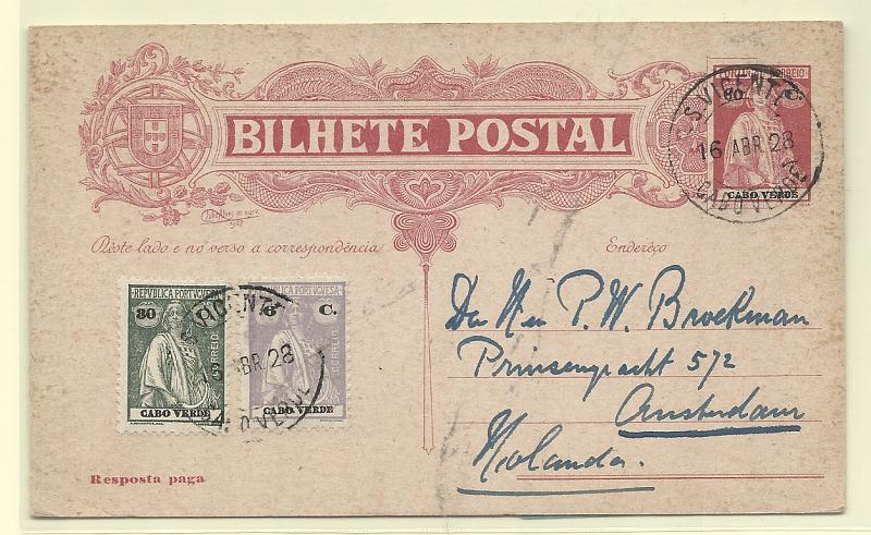 0541.jpg -     Lote:    541            Cabo Verde       Descrição:         1928 &mdash; Ceres tipo Júlio Alves. OM23, 60+60C castanho-carmim. As duas folhas, com a primeira circulada de S. Vicente (16.04.28) para a Holanda, com selos adicionais tipo Ceres de 30c verde e 6c lilás CE174 e 177, perfazendo o porte devido de 96C.         IC       Valor Base:     &euro; 35,00     Valor Venda:     &euro;      