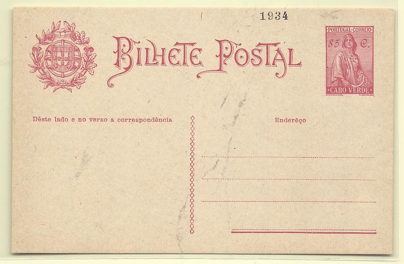 0543.jpg -     Lote:    543            Cabo Verde       Descrição:         1934 &mdash; Ceres. Novo tipo. OM24, 85C carmim. Inteiro muito bem conservado com impressão do ano a preto "1935". Emitidos apenas 1.000 exemplares         IN       Valor Base:     &euro; 10,00     Valor Venda:     &euro;      