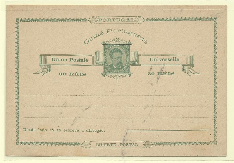 0544.jpg -     Lote:    544            Guiné       Descrição:         1885 &mdash; D. Luís I. OM3, 30 reis verde. Inteiro original distribuído com as reimpressões de 1885, com traço fino horizontal a preto de 18mm.         IN       Valor Base:     &euro; 16,00     Valor Venda:     &euro;      