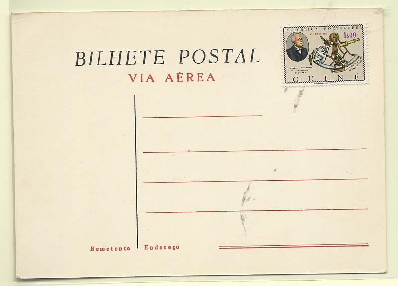 0546.jpg -     Lote:    546            Guiné       Descrição:         1971 &mdash; Bilhete-Postal com Inscrição "VIA AÉREA". Bilhete-postal do correio aéreo OM1, novo, com selo do Gago Coutinho colado.         IN       Valor Base:     &euro; 20,00     Valor Venda:     &euro;      