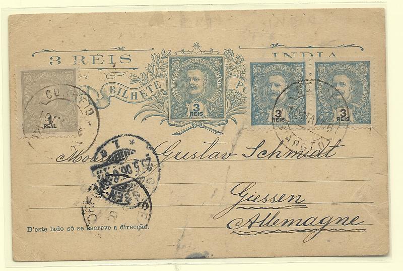 0548.jpg -     Lote:    548            Índia       Descrição:         1903 &mdash; D. Carlos i Mouchon. OM11, 3 reis azul sobre cartolina camurça. Circulado de Margão (10.05.06) para a Alemanha (21.05.06) com selos adicionais, tipo D. Carlos I Mouchon de 1 real cinzento e par de 3 reis.         IC       Valor Base:     &euro; 25,00     Valor Venda:     &euro;      