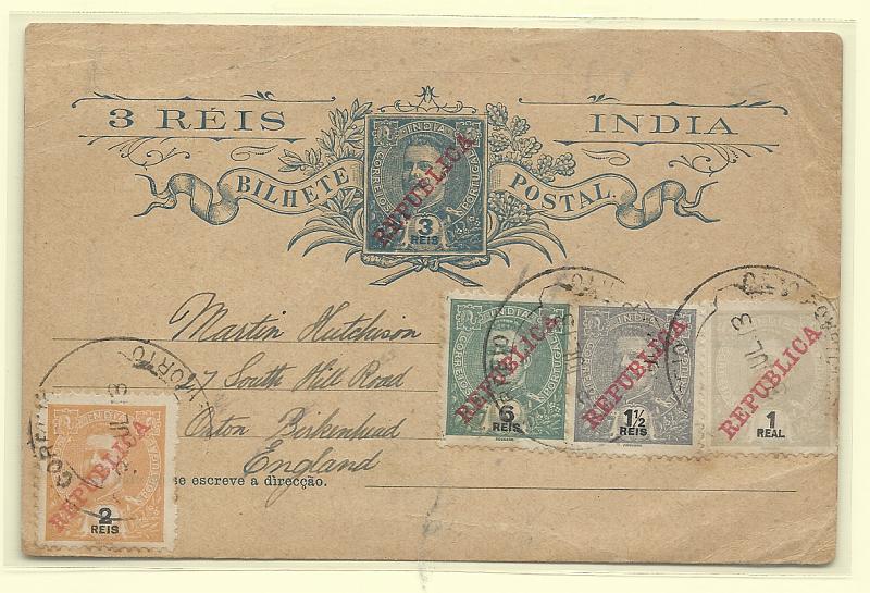0549.jpg -     Lote:    549            Índia       Descrição:         1914 &mdash; D. Carlos I Mouchon, com sobrecarga REPUBLICA. OM22, 3 reis azul, circulado de Mormugão &mdash; Porto (03.07.13) para Inglaterra, com selos adicionais de 1, 1 &frac12; , 2 e 6 reis tipo D. Carlos I Mouchon, com sobrecarga REPUBLICA da Casa da Moeda CE200/202 e 206. MB.         IC       Valor Base:     &euro; 45,00     Valor Venda:     &euro;      