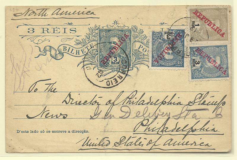 0550.jpg -     Lote:    550            Índia       Descrição:         1914 &mdash; D. Carlos I Mouchon com sobrecarga REPUBLICA. OM22, 3 reis azul. Circulado de Goa (23.07.12) para os EUA com selos adicionais de D. Carlos I Mouchon de 3 reis (2) CE204 e 1 real CE200. B e R.         IC       Valor Base:     &euro; 25,00     Valor Venda:     &euro;      