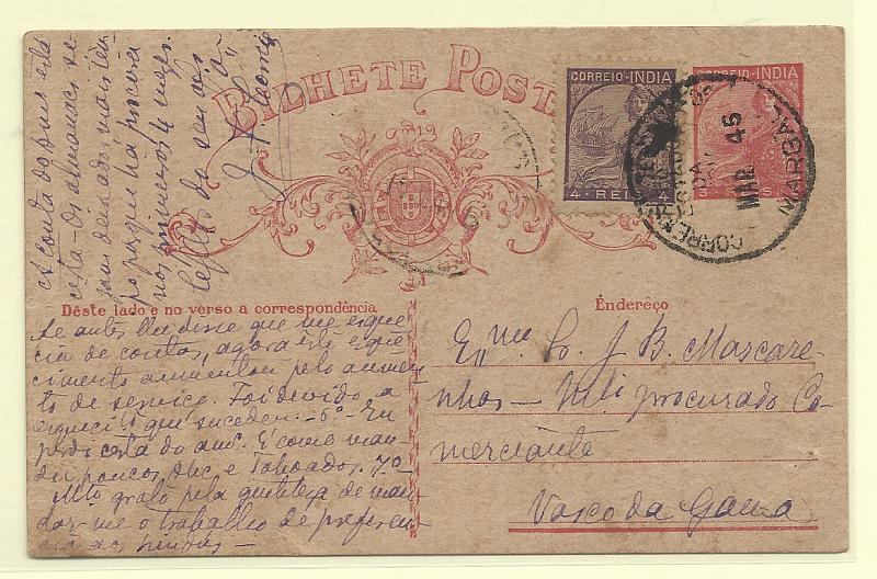 0552.jpg -     Lote:    552            Índia       Descrição:         1934 &mdash; Tipo Padrões. OM39, 3 reis carmim. Circulado de Margão (06.03.45) para Vasco da Gama com selo adicional de 4 reis CE335.         IC       Valor Base:     &euro; 12,00     Valor Venda:     &euro;      