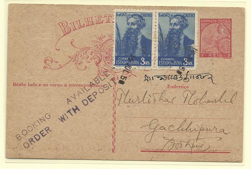 0553.jpg -     Lote:    553            Índia       Descrição:         1934 &mdash; Tipo Padrões. OM39, 3 reis carmim. Circulado de Vasco da Gama (15.07.50) para Gachipura, com selos adicionais de 3 reis (par) CE384.         IC       Valor Base:     &euro; 10,00     Valor Venda:     &euro;      